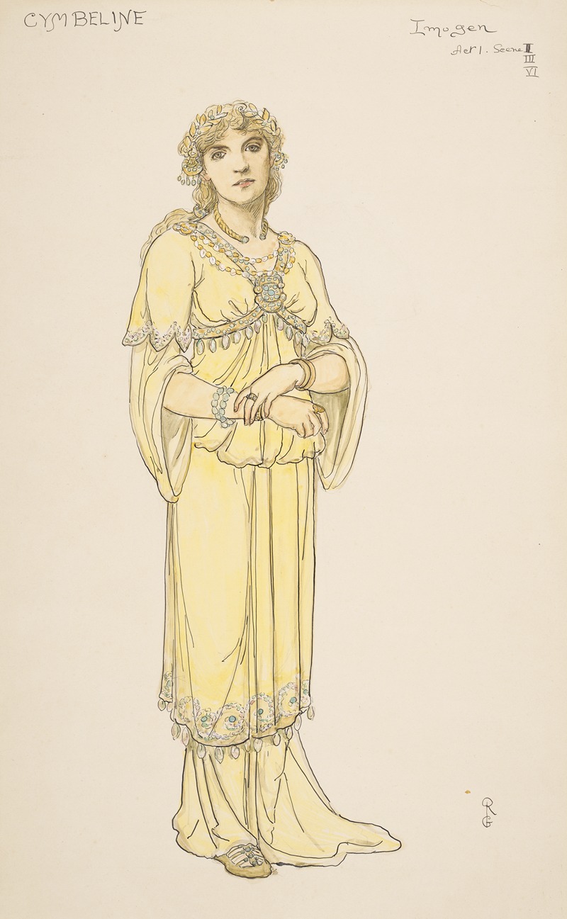 this is an illustration of a costume design for imogen from the play cymbeline. she is depicted in a long, flowing yellow dress with ornate jewelry including a necklace, bracelets, and a crown. the artwork specifies act i, scene i, scene iii, and scene vi, indicating it's a costume designed for those specific scenes.
