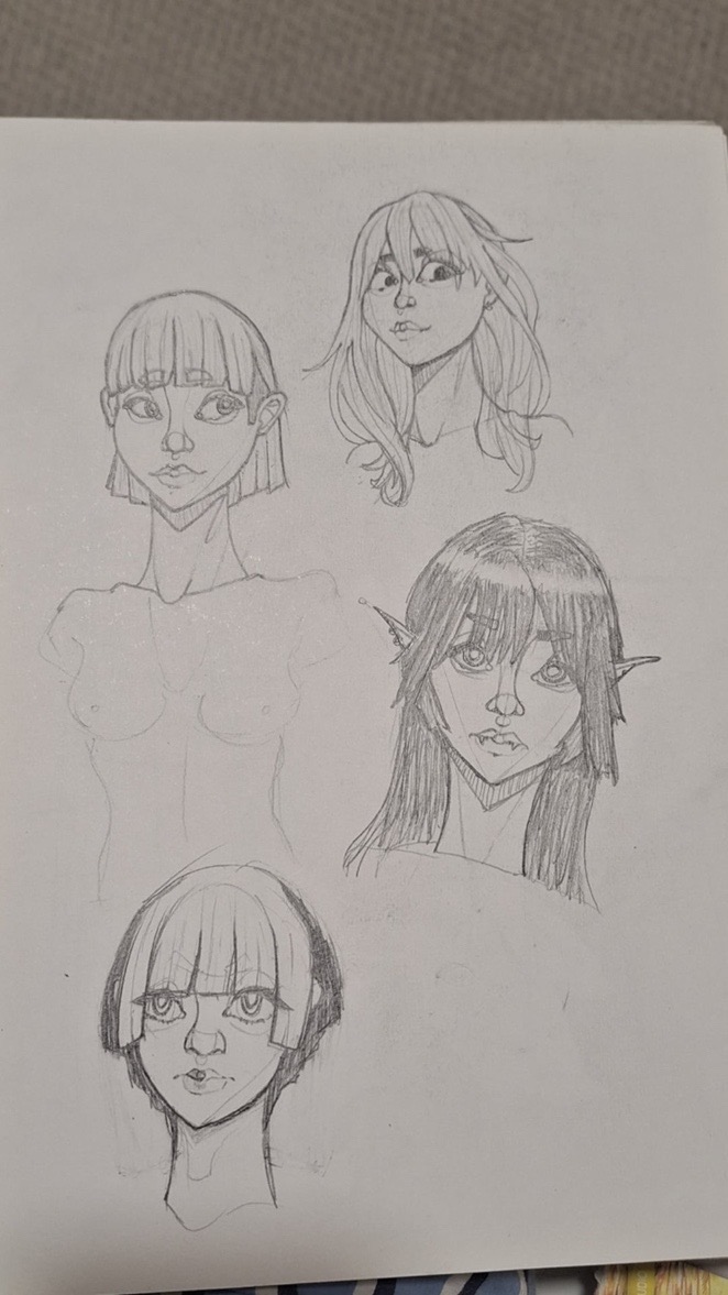 he image contains a collection of pencil sketches of female characters, seemingly inspired by anime or manga styles. there are four distinct characters: one with short, blunt bangs, another with long, flowing hair, a third with pointed ears suggesting an elflike character, and a fourth with short, straight bangs and a more rounded face. the sketches are primarily headshots, focusing on the characters' faces and hair.  the style is light and quick, using minimal lines to convey form and features. the overall aesthetic is simple yet expressive, hinting at a diversity of personality within the characters. the sketches are done in grayscale on a sheet of paper.