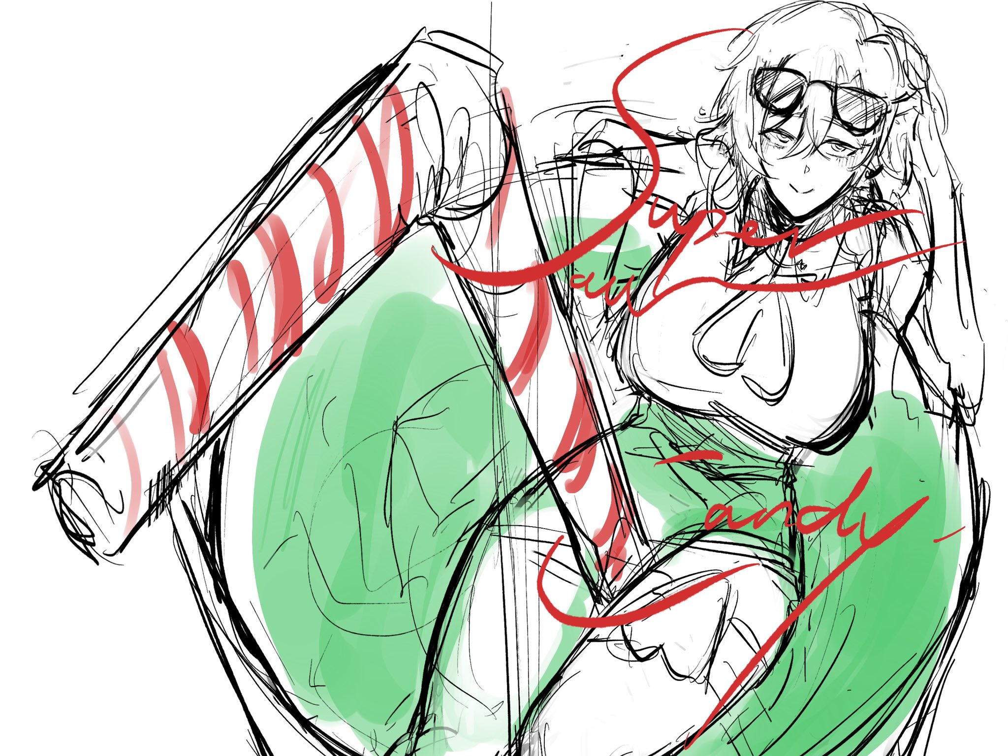 a black and white sketch of a woman in a summery outfit, with a red and white candy cane and a green background. the woman is sitting in a relaxed pose, smiling happily, with her eyes closed and a straw hat on her head. the drawing is made with a light, playful style. it's a fun and carefree summer scene.