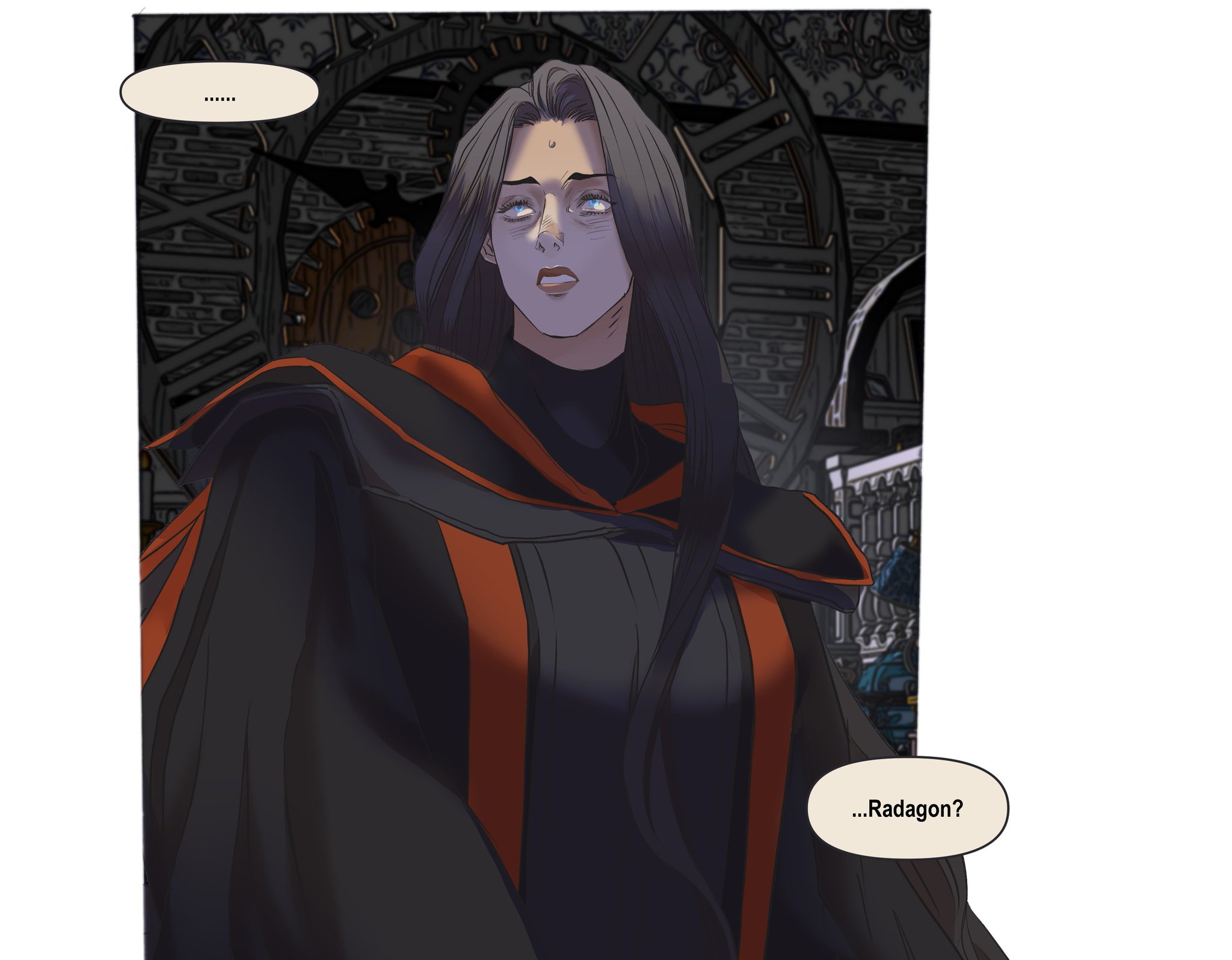 the image shows a comic book style drawing of a woman with long, dark hair and a pale complexion. she has a surprised expression and appears to be looking up. she is wearing dark clothing with orange accents. there are speech bubbles above and below her. the background is a detailed illustration of a building's interior.