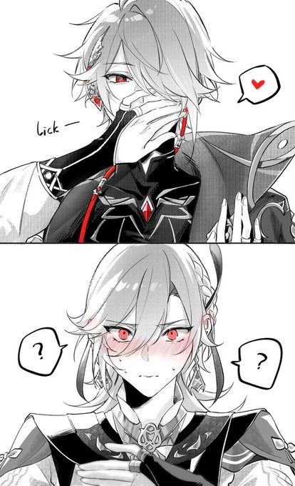 the image is a black and white fanart depicting two animestyle male characters, likely kaeya and albedo from the game genshin impact. the top panel shows kaeya playfully covering his mouth with his hand while albedo's hand is on his shoulder. there's a small red heart and the word "lick" indicating a romantic or suggestive interaction.  the bottom panel shows albedo with blushing cheeks, looking slightly shy or surprised, hands clasped together in front of him. both panels are closeups focusing on the characters' expressions and gestures. the overall style suggests a romantic or yaoi (boys' love) theme.