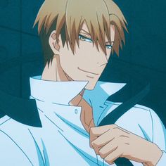 this is a closeup illustration of an anime man with short brown hair and brown eyes. he is wearing a white buttondown shirt with the collar open, and a black tie that's loose around his neck. he appears confident and has a slight smirk on his face. the background is a teal color.