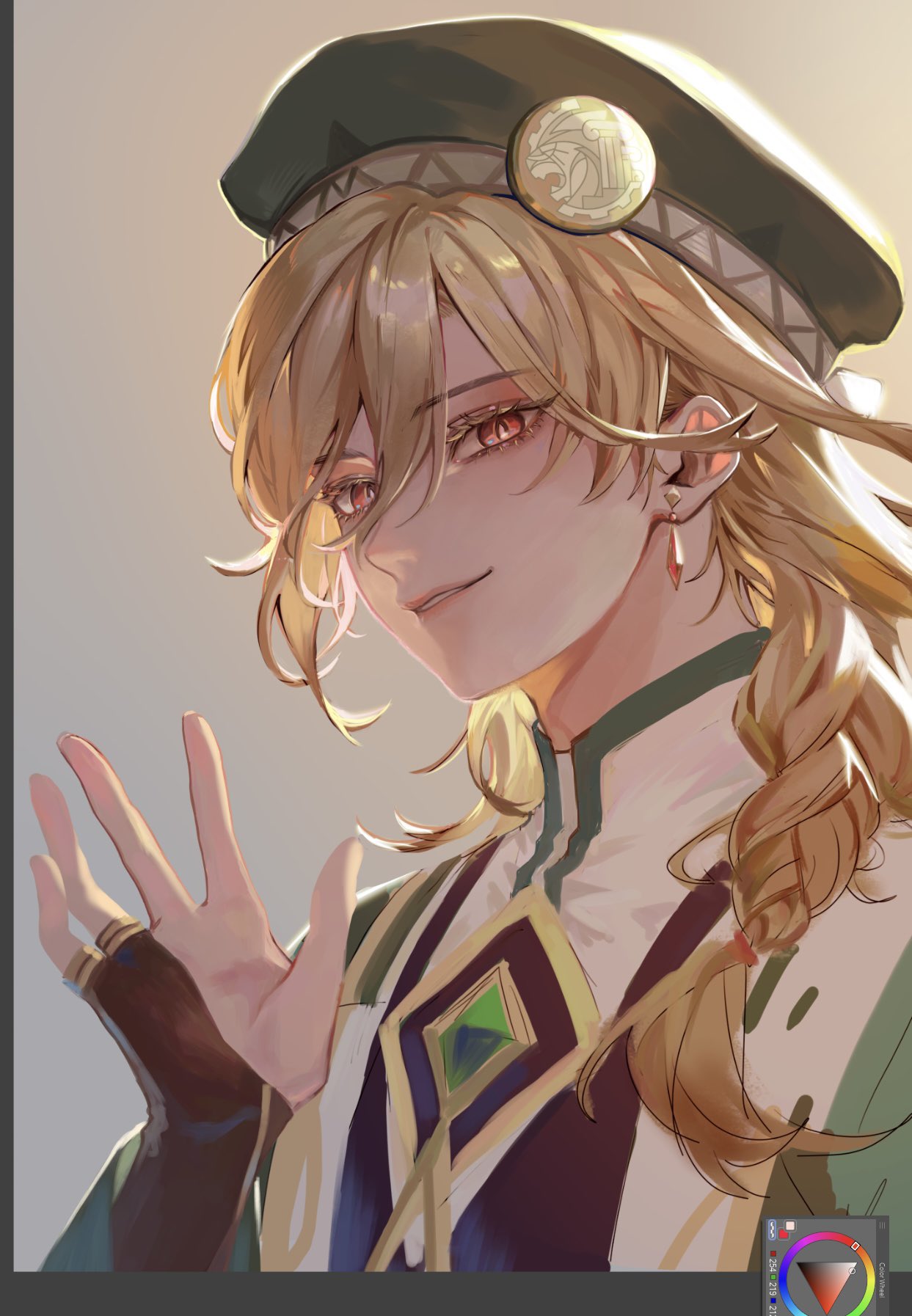 a digital illustration of an anime male character with blond hair, red eyes, and green clothes. he is wearing a hat and earring. he is smiling and looking at the camera. the art style is fantasy and the background is plain.
