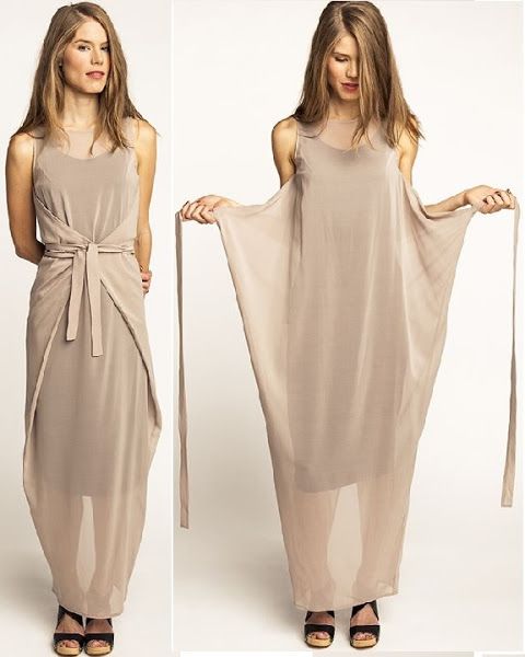 two sidebyside images show a woman modeling a beige, maxilength dress. on the left, the woman stands with the dress wrapped around her waist and tied with a matching belt. on the right, she holds the dress open to reveal its more open, draped silhouette, with long fabric ties extending from the sides. she is wearing black sandals. the background is white.