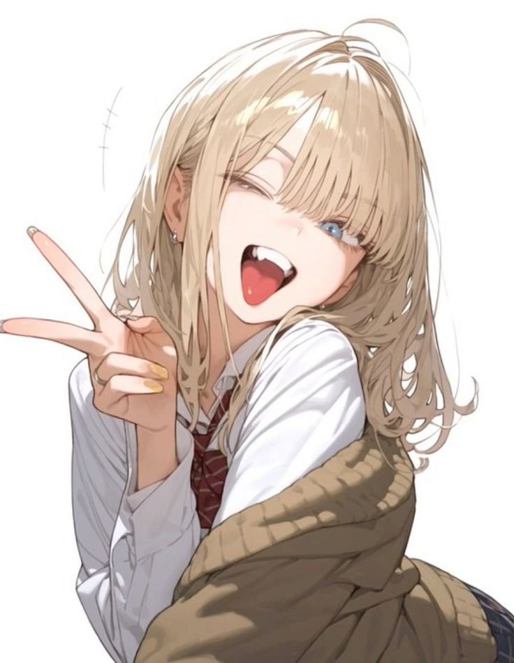 the image is a digital illustration of a cute anime girl with long, light blonde hair. she's winking and making a peace sign with her hand. she's wearing a white school uniform shirt, a maroon tie, and a light brown cardigan. her expression is cheerful and playful, with her tongue sticking out slightly. the art style is clean and detailed, typical of modern anime illustrations. the background is plain white, focusing all attention on the character.