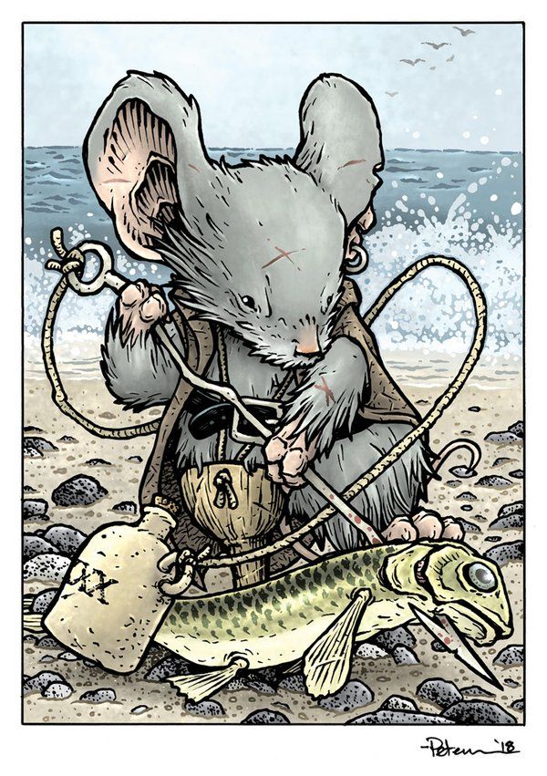a drawing of a mouse standing on a beach, with a fish laying on the sand in front of it. the mouse has large ears, a scar on its face, and is wearing a cape. it is holding a rope and a piercer, and next to it is a bottle with "xx" on it. the beach is rocky, and the ocean is in the background with seagulls in the sky.