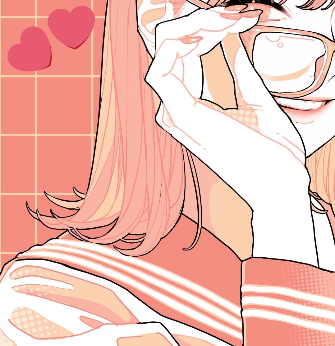 an animestyle image of a girl with pink hair and glasses, her hand is touching her glasses. two pink hearts are in the background along with a pink grid pattern. she is wearing a striped shirt.