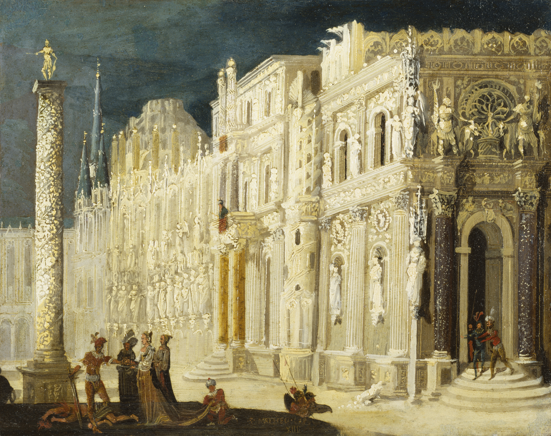 the painting depicts a grand, ornate architectural scene, likely representing venice, italy, with the doge's palace and st. mark's basilica. figures are gathered in the foreground, including welldressed individuals and guards. a tall column with a statue stands prominently to the left. the buildings are highly detailed, featuring numerous statues, columns, and decorative elements in a style reminiscent of the renaissance and baroque periods. the overall color palette is dominated by golds and creams, with touches of darker colors for contrast and depth.