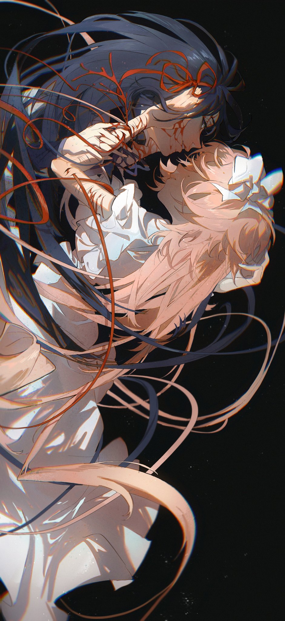 the image is of two anime girls in an embrace, one with long black hair wearing a red ribbon and white clothing, the other with long pink hair and a white frilly dress. the girl with the black hair has blood on her face and the girl with the pink hair is holding her hand over