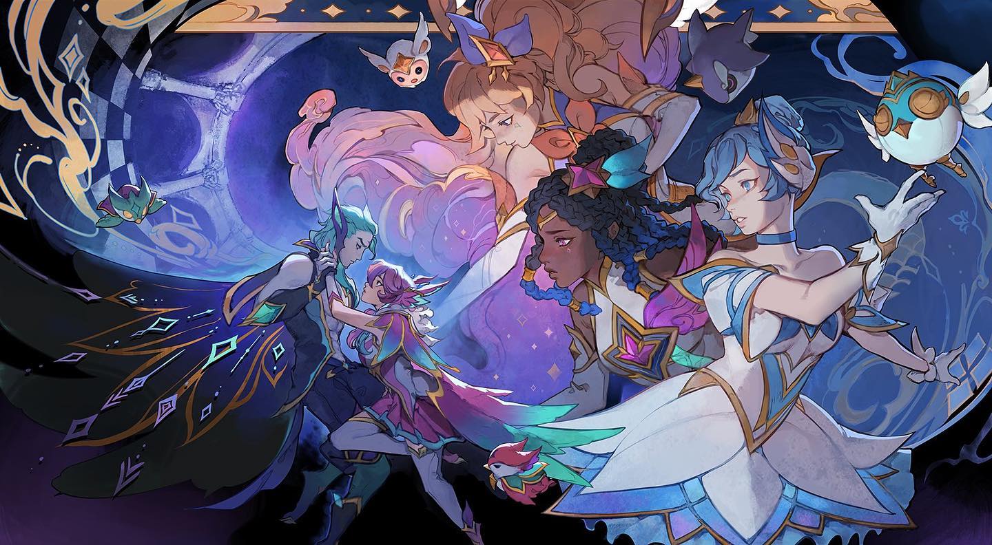 the image is a vibrant and detailed piece of fanart depicting characters from the league of legends "star guardian" universe. multiple female characters, each with unique designs and styles, are showcased in a cosmic setting filled with stars and celestial elements.  the characters are elegantly dressed in flowing gowns and outfits that incorporate star and celestial motifs. there are also mythical creatures such as birds and smaller, fantasy animals integrated into the artwork.  several of the characters are shown in close proximity, some appearing to be dancing or romantically intertwined, suggesting a narrative of friendship, partnership, and possibly romantic connections within this group. the art style is heavily influenced by anime and manga aesthetics, with a focus on dynamic poses, soft shading, and vivid color palettes.  the overall impression is of a magical and fantastical scene with a strong emphasis on the characters' grace and beauty, as well as the richness and depth of the imagined universe they inhabit.