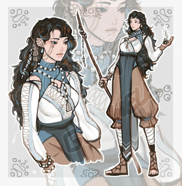 the image showcases a digital painting of a fantasy character concept.  it features two views of a female character: a detailed closeup of her upper body and face, and a fullbody view showing her outfit and pose.  the character has long dark hair, wears a flowing, bohemianstyle outfit in shades of blue, white, and brown, and carries a long staff. she appears mystical or shamanistic, with jewelry and details suggesting magical abilities. the style is whimsical and ethereal, with soft line work and a muted color palette.  a partially visible background character is seen in the background, suggesting perhaps different aspects of the same character or an alternative design.
