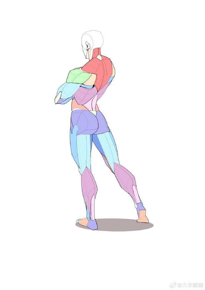 the image is a stylized anatomical illustration of a human figure, viewed from the back. the figure's musculature is highlighted using pastel colors, with different muscle groups rendered in distinct shades of pink, light blue, and green. the style is somewhat simplistic, focusing on the overall form and flow of the muscles rather than extreme detail. the figure stands in a relaxed pose, with a slight bend in the legs. the background is plain white, allowing the figure to stand out prominently.  the overall impression is one of a study or reference material for artists, perhaps used for character design or anatomy practice.  the style is soft and the lines are smooth, making it visually appealing.