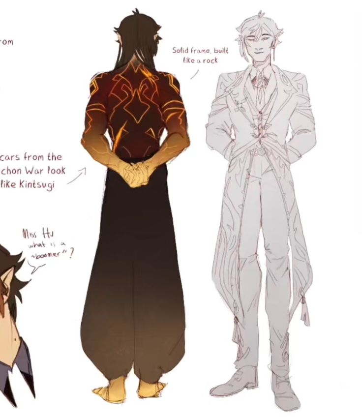 this image depicts a drawing of two male anime characters. the left one is a male character with long black hair with a fiery red/orange design on his black clothing, and he is standing with his hands behind him. he is wearing a long black outfit with a red and yellow design.  he has red eyebrows, and a thin mustache and beard.  the right one is a male character with white hair and a white outfit with a white and gray design.  the left one is labeled "cars from the chon war look like kintsugi" and "mos hu what is a boomer", while the right one is labeled "solid frame, built like a rock".