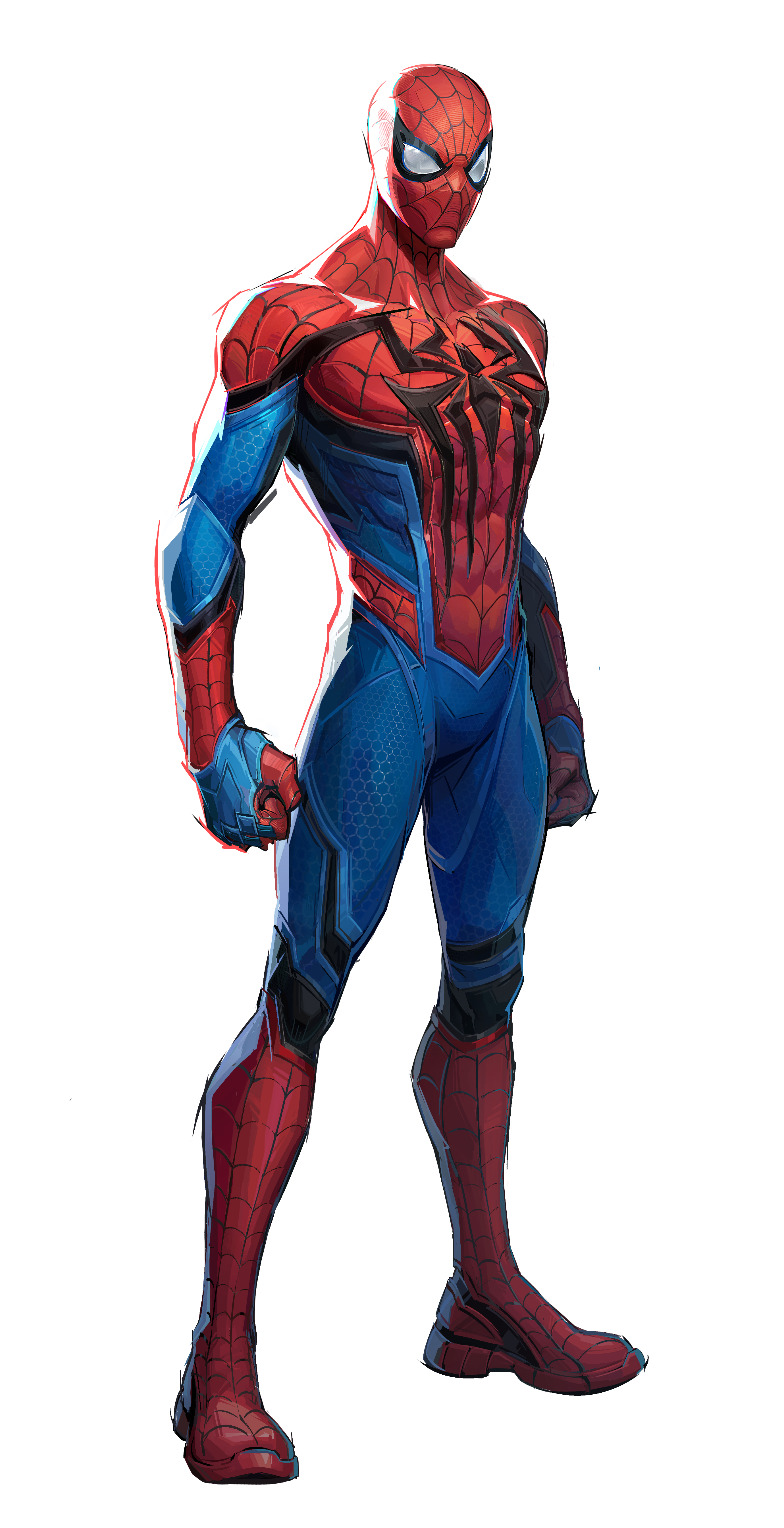 a full body image of spiderman in a red and blue costume. he is standing with a slightly angled posture and his hands are clenched. the style is reminiscent of stylized comic book art with bold lines and shading. the background is black.