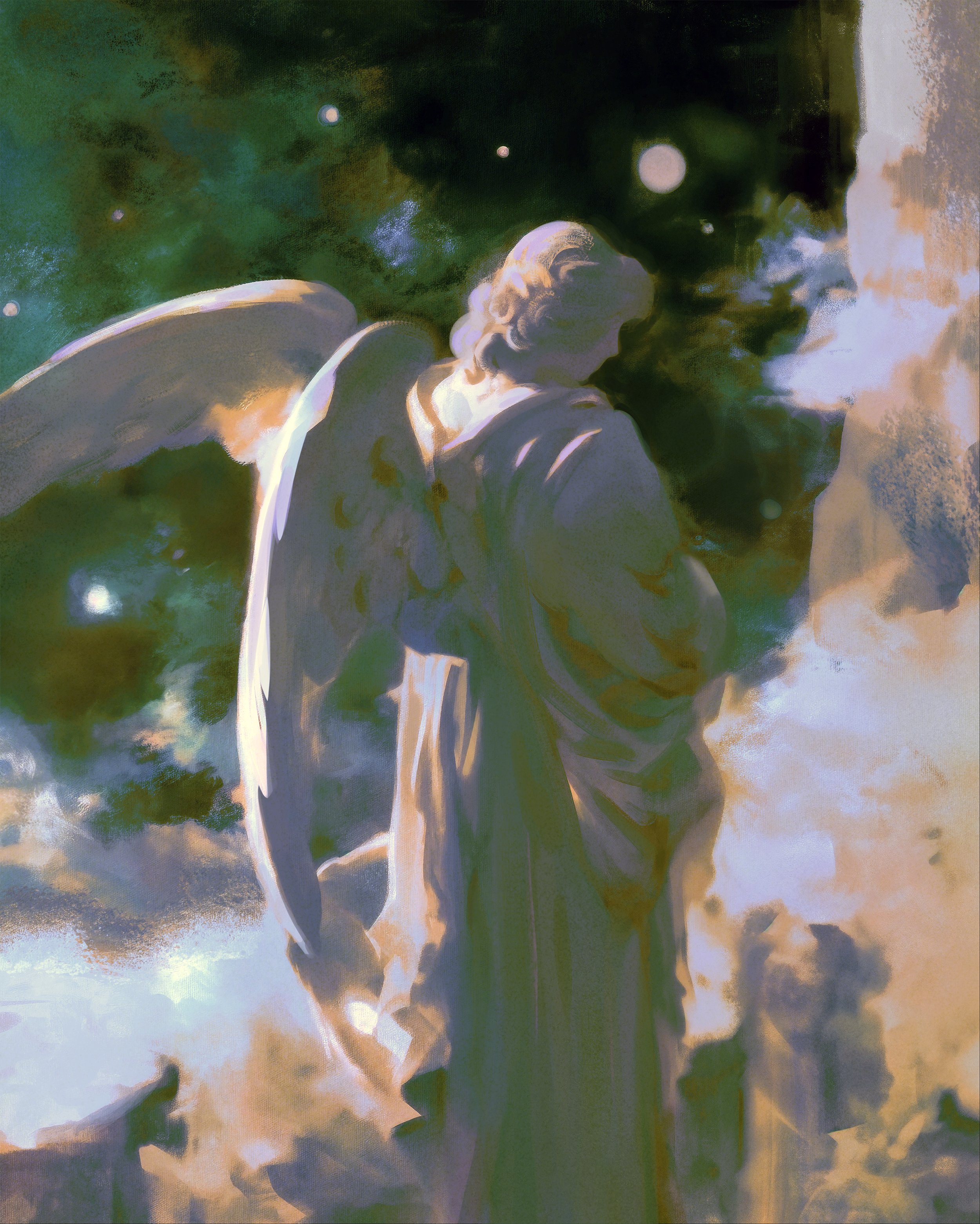 the image is a digital painting or artwork depicting an angel. the angel is shown from the back, with its large wings partially visible. it appears to be standing amidst a celestial landscape of clouds and stars, bathed in soft, ethereal light. the style is impressionistic and dreamlike, with a focus on mood and atmosphere rather than precise detail. the color palette is muted and calming, primarily consisting of pastel shades of purple, green, and beige. the overall impression is one of serenity and spiritual contemplation.