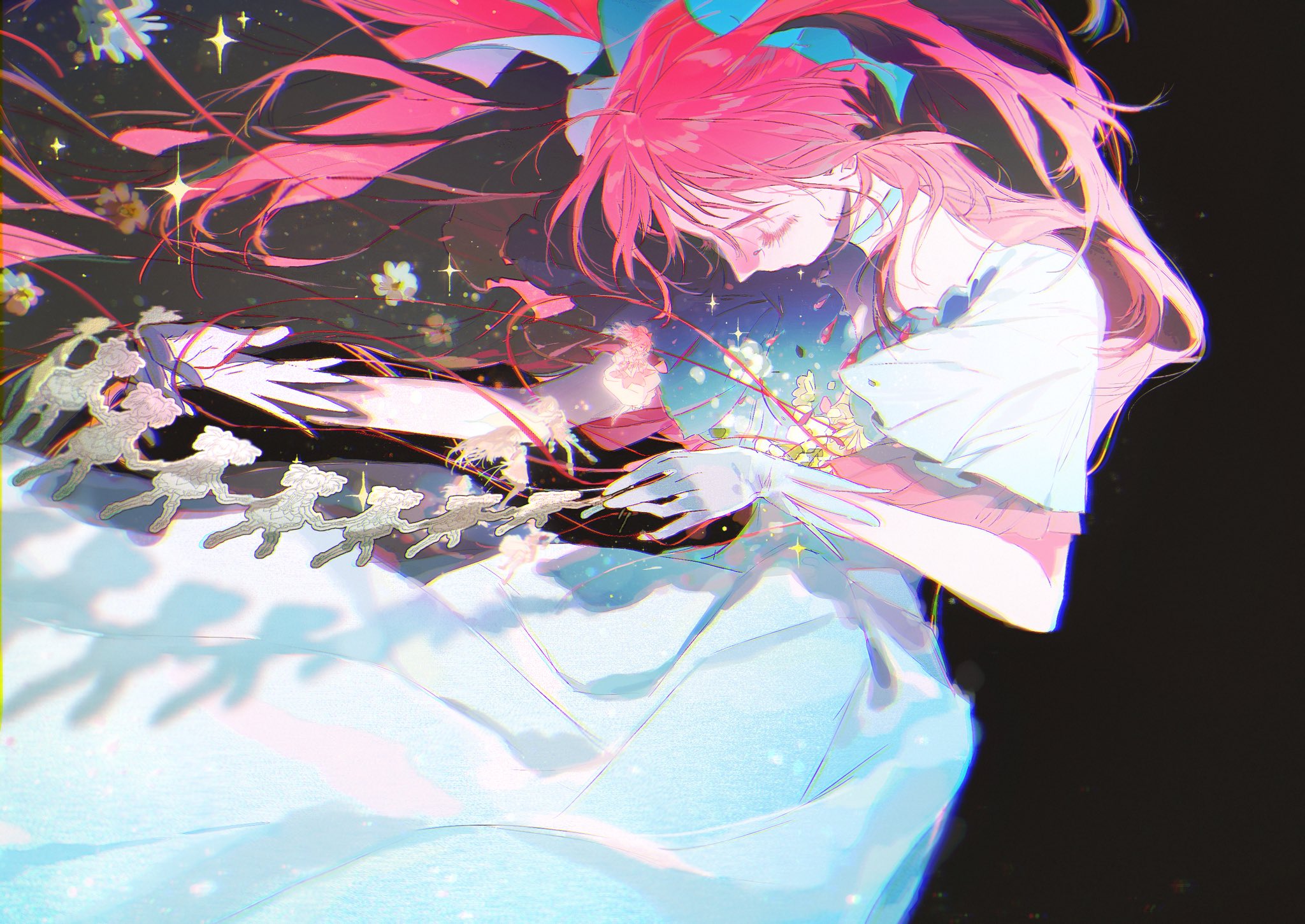 this is an illustration of a young anime girl with pink hair, a white dress, and a soft expression. the girl appears to be floating in the sky.  around her are sparkles, clouds, and a few faint figures that look like sheep. the illustration is done in a whimsical, almost dreamlike style.  she is sleeping peacefully. the image is bright and airy with a gentle atmosphere.