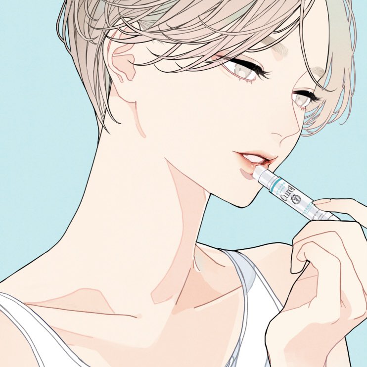 an animestyle image of a paleskinned male character with short, layered blonde hair. he is applying a curél lip care balm to his lips. he is wearing a white tank top and is set against a light blue background.