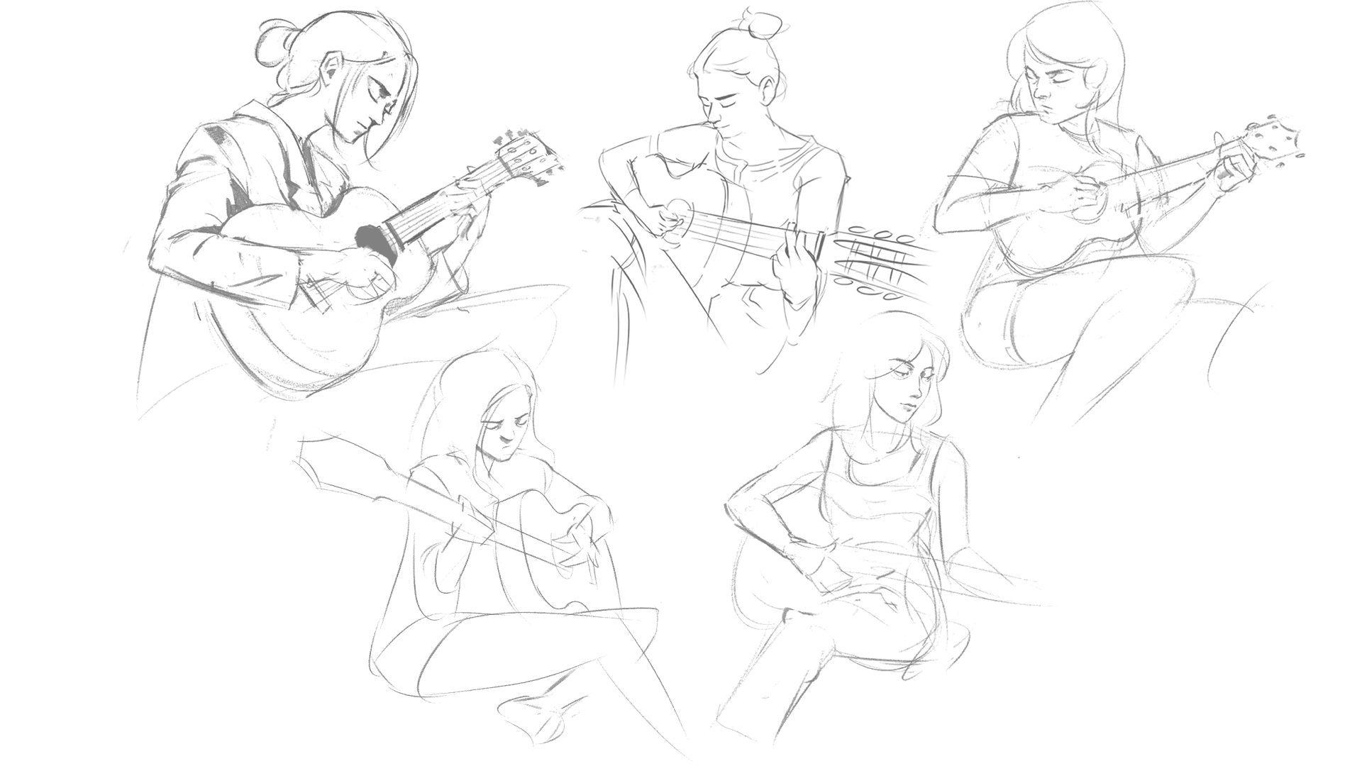 a sketch of four women playing guitars. they are drawn in a simple style with just lines and shading. the women are all sitting and appear to be playing different types of guitars. the drawing is done in a loose and expressive style.