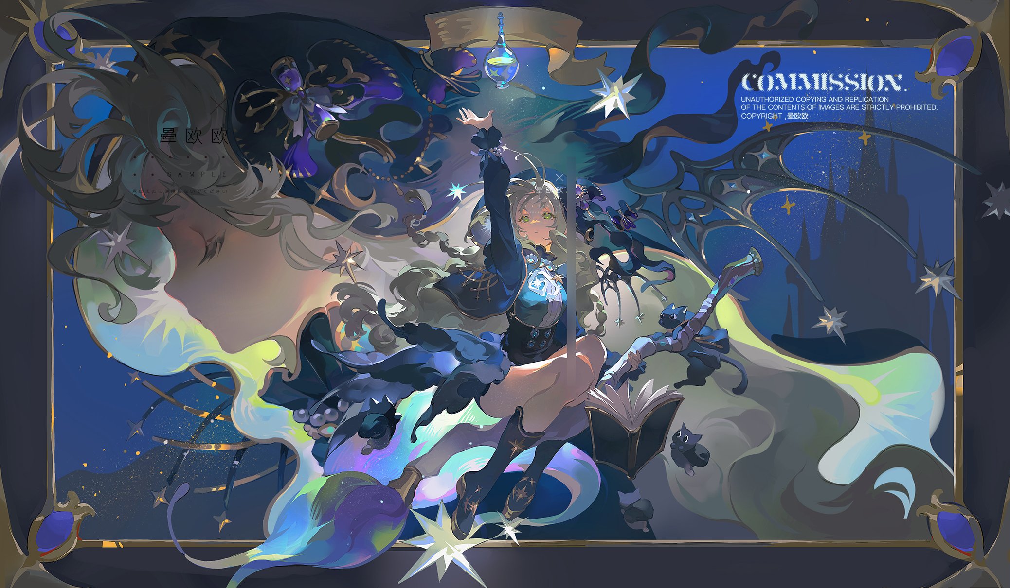 the illustration features a young woman, depicted as a witch, soaring through a starry night sky. she's clad in a flowing black dress adorned with blue accents and white frills. her silvery white hair flows behind her as she holds a glowing orb aloft in one hand and a traditional witch's broom in the other. surrounding her are magical elements: glowing stars, swirling stardust, a large open spellbook, and bottles filled with potion ingredients. in the background, a majestic castle stands silhouetted against the moonlit sky. the overall color scheme is a captivating blend of deep blues, purples, and glowing whites, evoking a sense of enchantment and wonder.