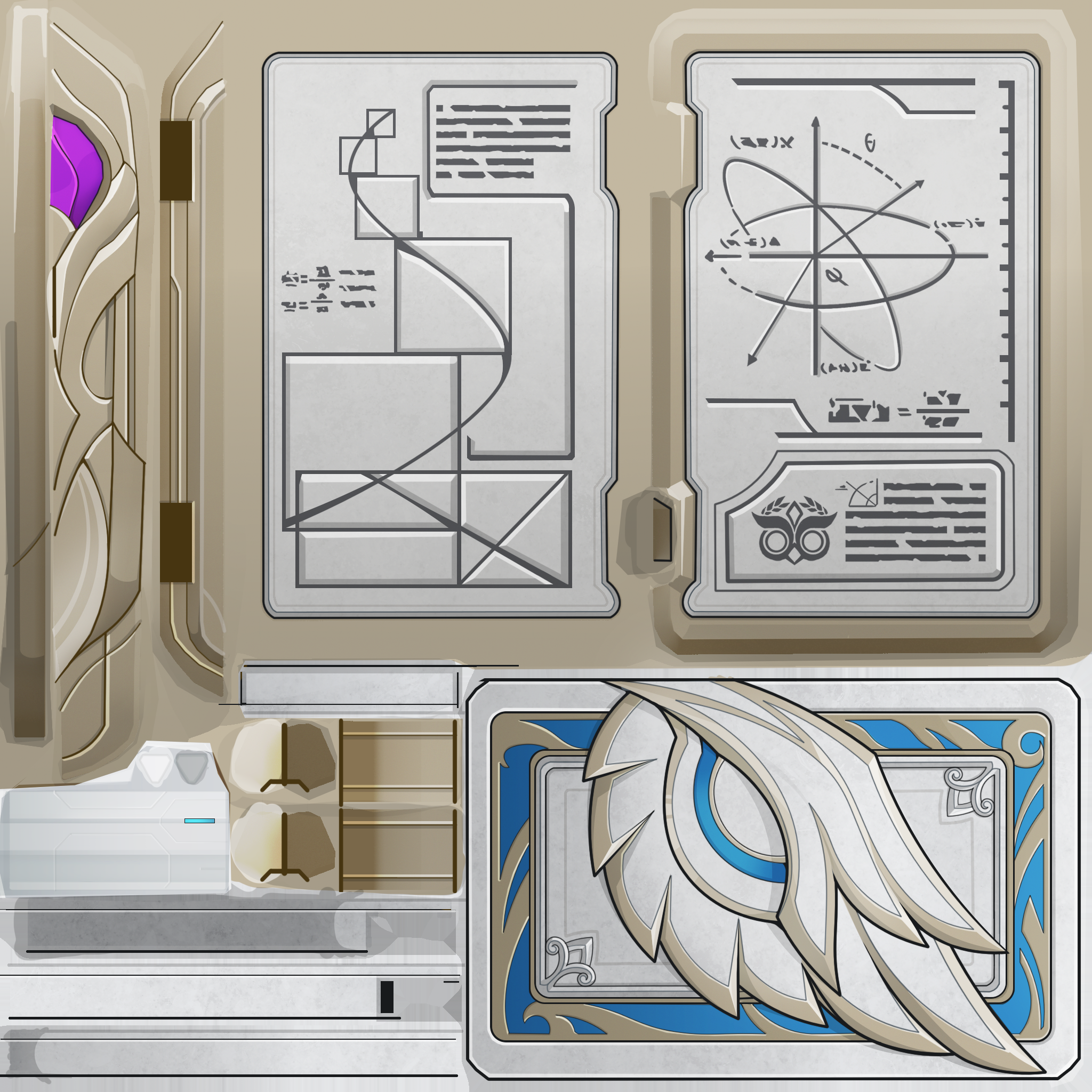 the image shows a detailed texture or section of a 3d model, possibly for a video game or other digital application. it features several distinct sections: a section with technical drawings and diagrams; a compartment possibly housing an item or device; and a card or panel with a stylized wing design. the overall style is futuristic and technical, with a palette of beige, white, and grey tones. the technical drawings suggest a focus on engineering or design, with the diagrams possibly representing mechanical or spatial aspects. the design suggests it's part of a larger interface or system, possibly part of a game's ui or a futuristic technological device. the inclusion of a stylized wing element adds an interesting design contrast.