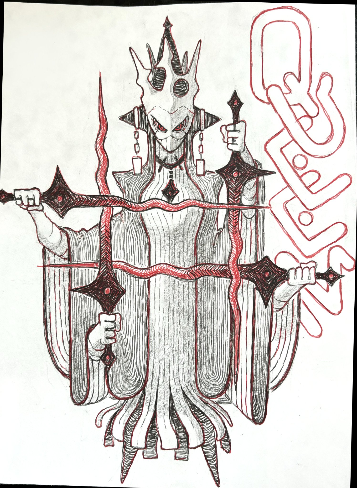 the image is a detailed pencil sketch of a regal, skeletal figure, possibly a king or queen, clad in flowing robes and a pointed crown. they wield four swords with ornate hilts, two in each hand. the swords and some details on the figure's attire are highlighted in red ink, creating a striking contrast against the grayscale palette. a stylized chainlike design flanks the figure on the right. the style of the drawing leans towards dark fantasy, with intricate details and sharp angles lending a sense of power and otherworldliness.