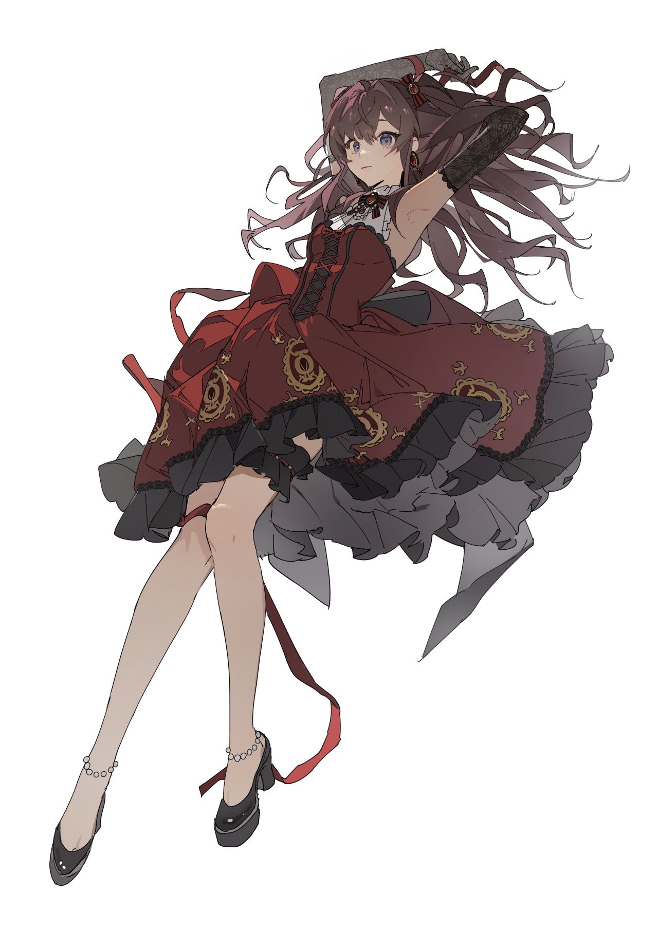 he image is a digital illustration of a young anime girl. she has long, dark brown hair that is slightly disheveled. she's wearing a beautiful red dress with black lace details and black shoes. the dress is intricately designed with gold patterns. her pose is graceful and elegant, as if she's floating. the overall style is very pretty and cute. the image is welldrawn and has a high level of detail.