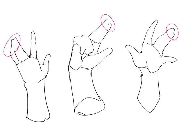 the image shows three hands in different positions. the hands are drawn in a cartoon style, and the fingers are slightly exaggerated in size. the hands are all outlined in black, and there is a pink circle drawn around the index finger of each hand.