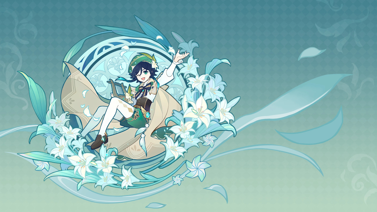 this is an anime style artwork depicting a male character from genshin impact. he is dressed in green and white attire and is playing a harp. he is smiling and surrounded by a white flower and a light blue and green cloud. the artwork is set against a light blue background with wind blowing through the grass and clouds.