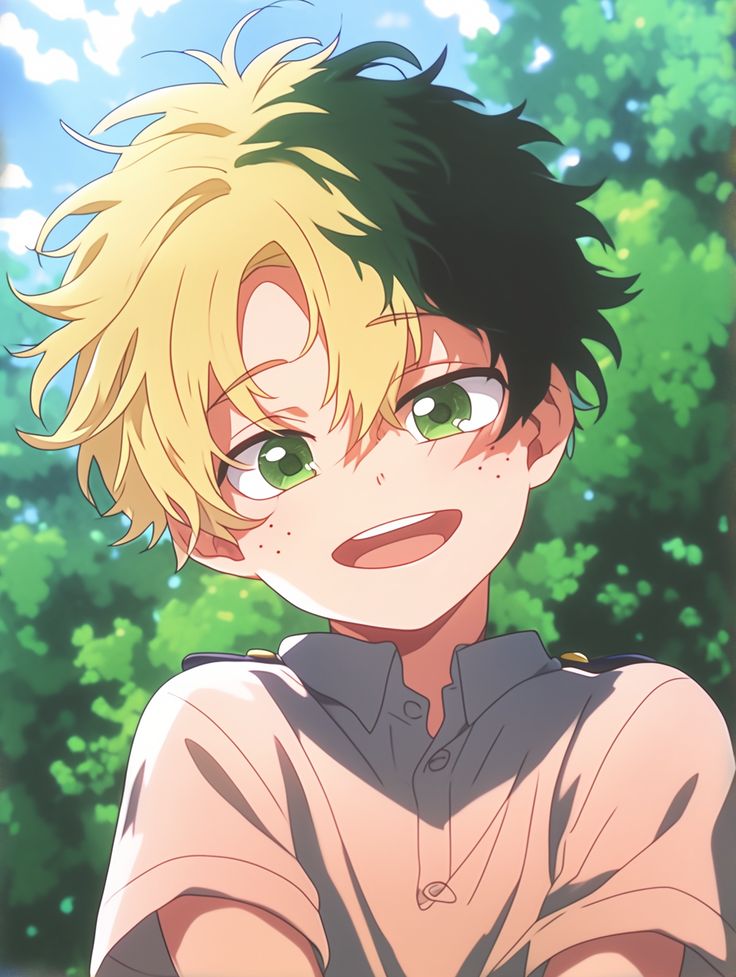 the image is a closeup shot of a young anime boy. he has a cheerful expression, bright green eyes, and distinctive twotoned hair — one side blonde, the other side green.  he has light freckles on his face and is wearing a light peachcolored, shortsleeved shirt. the background is a softfocus image of green foliage suggesting an outdoor, sunny setting. the overall style is bright, cute, and reminiscent of popular anime aesthetics. the boy appears to be happy and carefree.