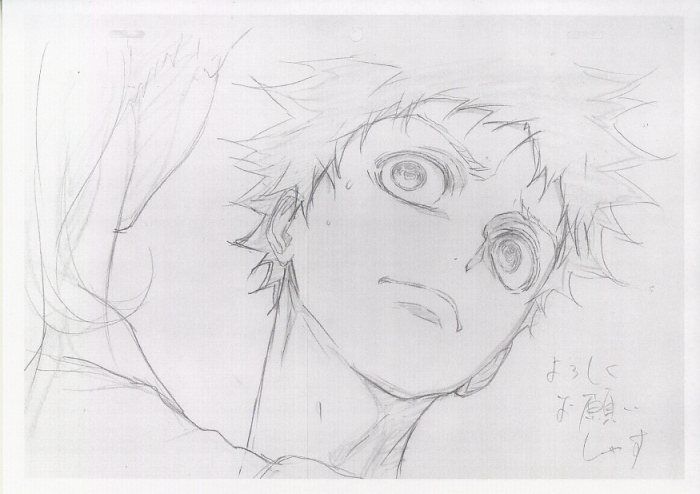 a pencil drawing of an anime character, a young man, with spiky hair, big eyes, and an expression of surprise or shock. the drawing is on a white background, and the character is partially obscured by another figure.  the drawing has a signature in japanese characters in the bottom right corner.