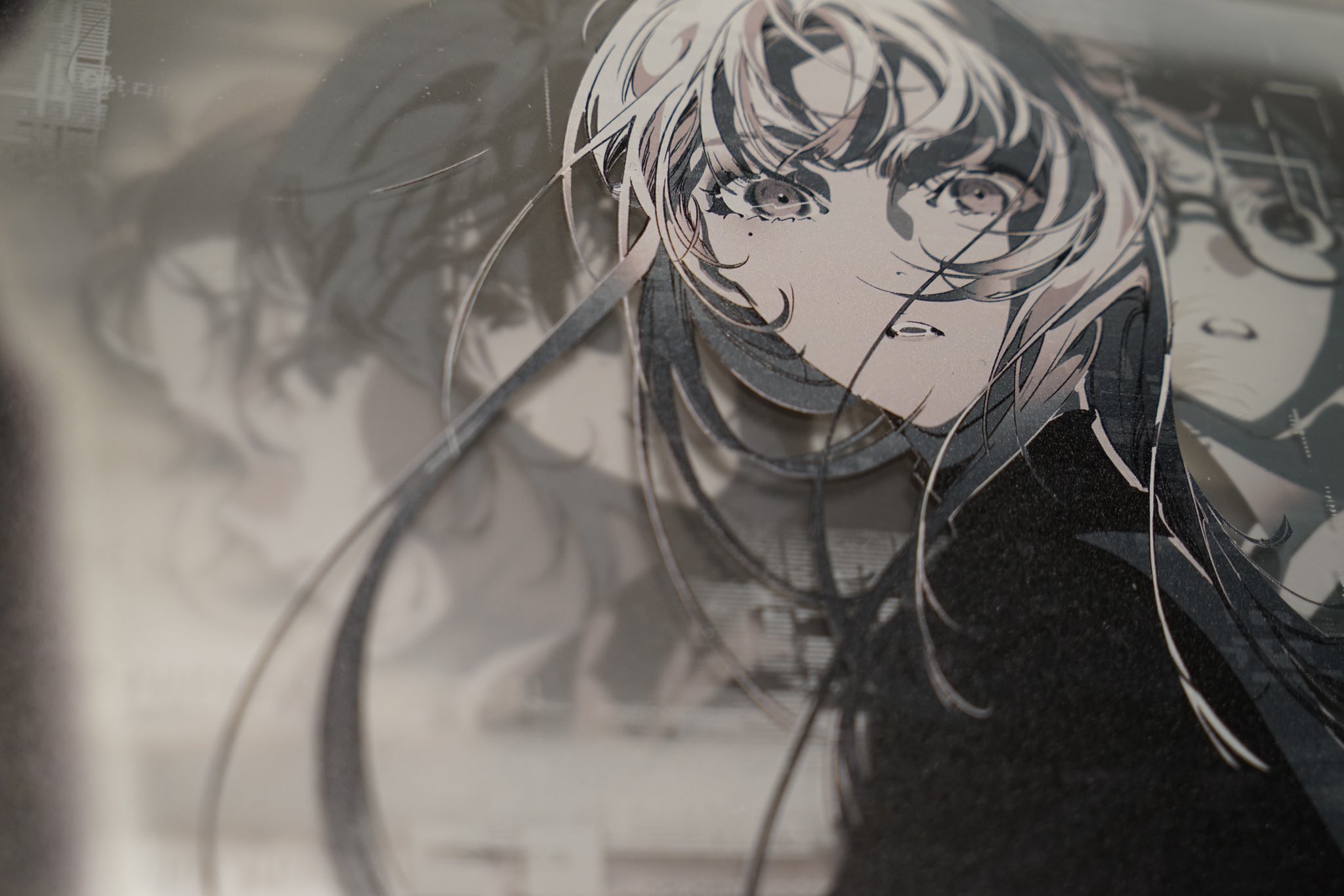 the image showcases a closeup of an animestyle drawing, likely a print or artwork. it features a young woman with long, flowing white hair and large, expressive eyes. the art style is delicate and detailed, with a focus on the girl's face and hair. the overall color scheme is monochrome, primarily shades of gray and black, creating an ethereal and slightly melancholic atmosphere. the background features faded images of similar figures, suggesting a sense of layered memories or introspection.