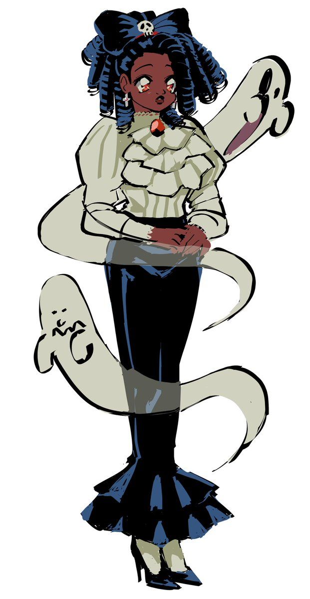 this is a cartoon illustration of a young anime girl wearing a black dress with a white blouse, black heels, and a blue headband. she's holding her hand in front of her with a red gloved hand, and a ghost with a skull on the headband. the girl is smiling and the ghost is floating behind her. the image has a whimsical and spooky vibe and is perfect for halloween.