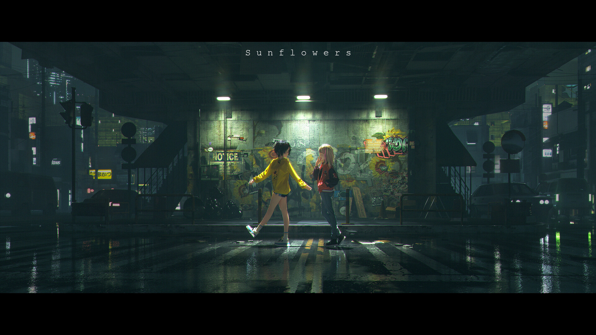 the image showcases two young women holding hands as they walk across a rainslicked crosswalk in a dark, urban underpass. the scene is illuminated by street lights and the glow of neon signs. graffiti art adorns a wall behind them, adding a splash of color to the otherwise muted palette. the overall atmosphere is moody and atmospheric, with a hint of cyberpunk aesthetic.