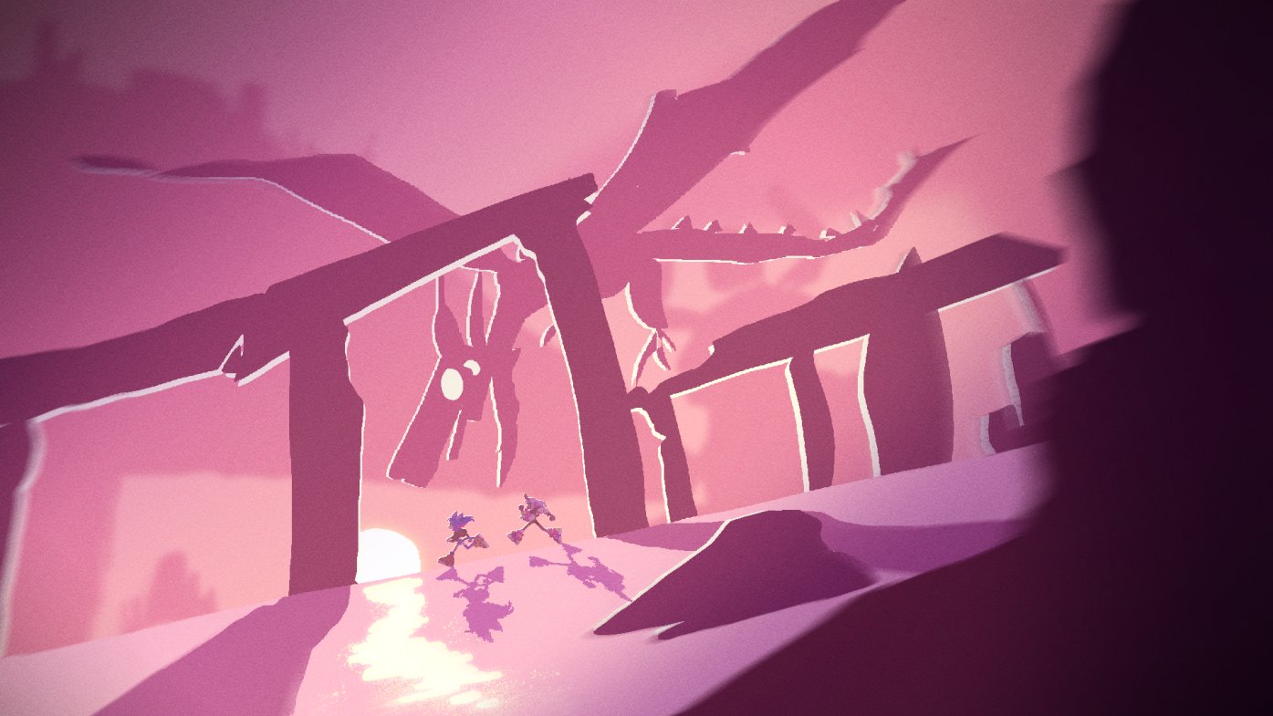 wo figures, likely sonic and tails from the sonic the hedgehog franchise, are running toward the camera on a narrow path at sunset. they are silhouetted against the bright light reflecting off the water beneath a large, damaged bridge structure. the scene evokes a sense of adventure and urgency, with warm sunset tones dominating the color palette. the low camera angle emphasizes the scale of the environment, while the wide angle captures the expansiveness of the scene.