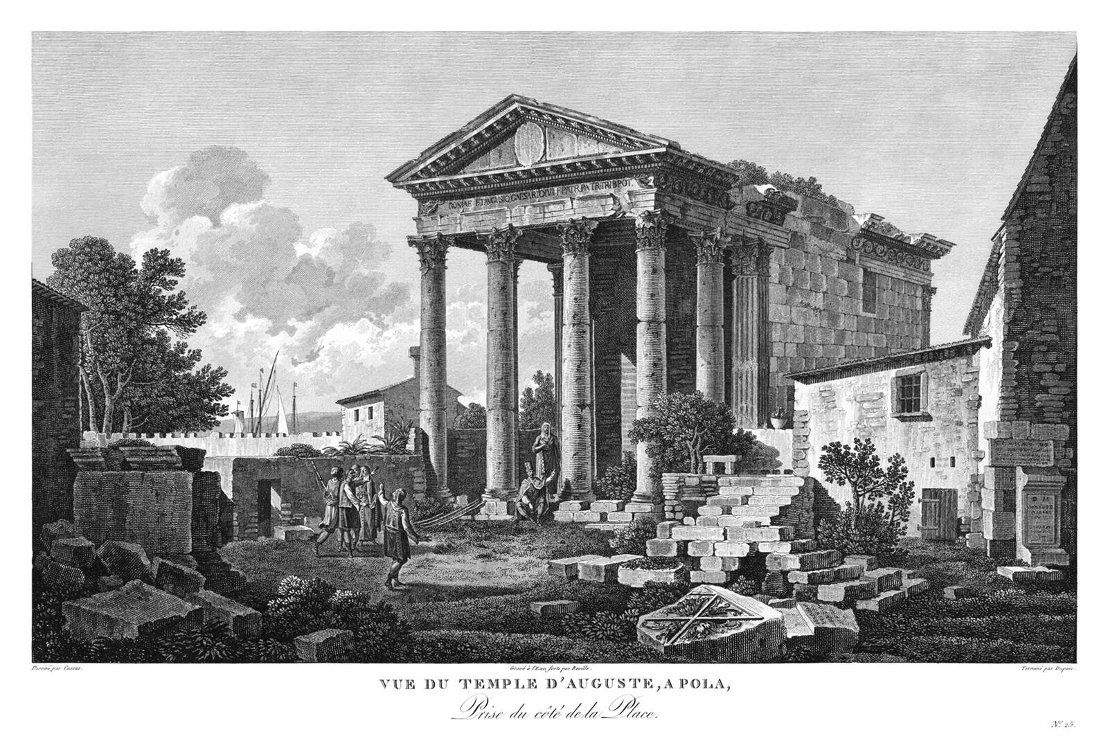 the image shows an engraving of the temple of augustus in pula, croatia. the temple is prominently featured in the center, with its classical architecture including columns, a pediment, and detailed carvings. the structure is partially ruined, with broken stones and remnants scattered around. several people are depicted in the scene, some standing near the temple and others walking in the foreground. the background includes a cityscape with buildings, walls, and trees. clouds fill the sky, adding depth to the landscape. the overall scene captures a view of the ancient temple within its surrounding environment.