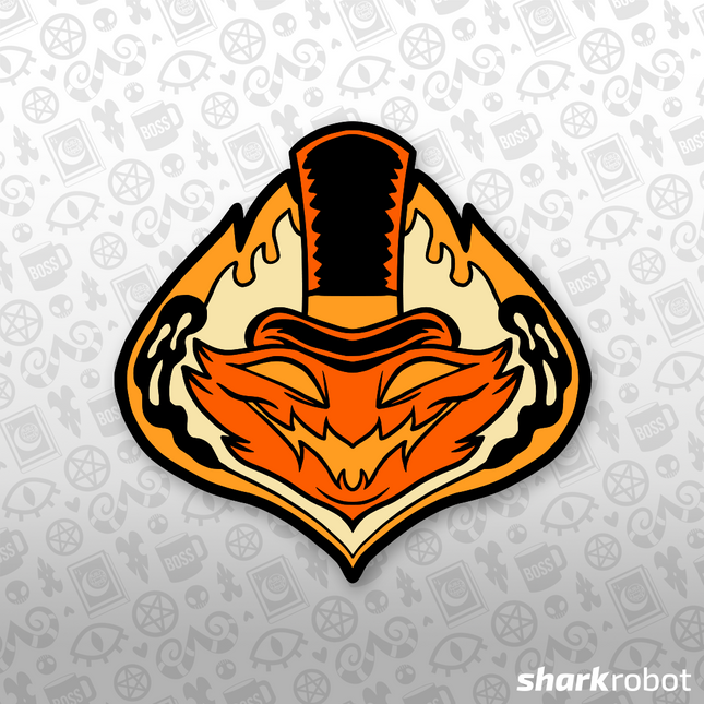 this image is a closeup view of a design featuring a stylized pumpkin jacko'lantern wearing a top hat with flames emerging from its sides. the pumpkin's face is a playful, slightly mischievous grin. the design is primarily orange and black, set against a light grey background filled with small repeating patterns of eyes, pentagrams, and cups. the bottom right corner features the watermark “sharkrobot.” the overall style is reminiscent of vintage halloween illustrations or cartoonish character designs, suggesting it may be an illustration for a sticker, patch, or similar merchandise.
