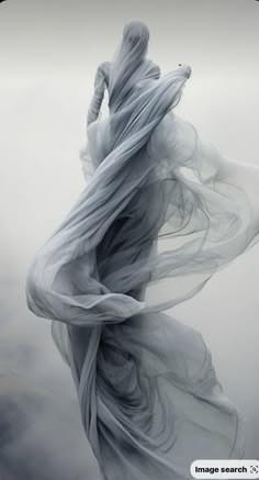 a woman in a flowing, ethereal dress is captured in a soft, delicate, and elegant portrait. the dress is a flowing and ethereal fabric that seems to be  a soft, gentle breeze, while the background is a soft white or gray, which adds to the dreamy and ethereal feel of the image. the woman's figure is partially obscured by the fabric, which adds to the sense of mystery and wonder. her eyes are closed and her hair is flowing, which suggests a sense of peace and tranquility.