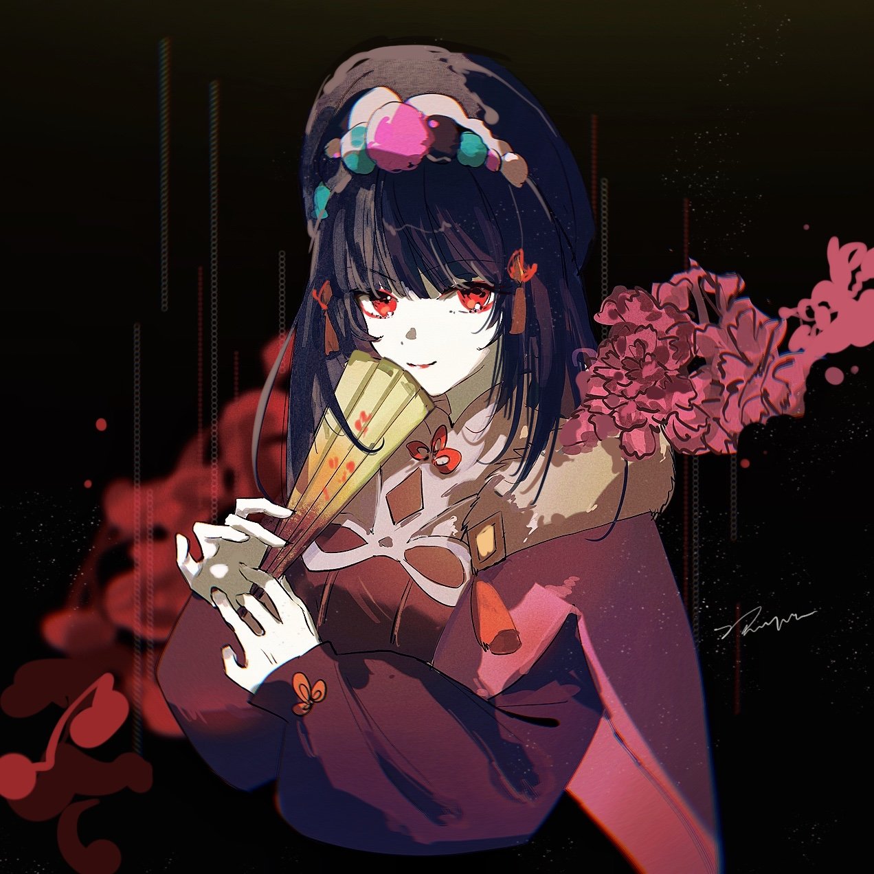this is a digital art illustration of an anime girl. she is wearing a kimono with red accents and is holding a hand fan. she has long black hair, red eyes and a gentle expression on her face. she is standing in front of a dark background that is decorated with flowers and shadows. the illustration has a beautiful and elegant style, giving the viewer a sense of mystery and intrigue.