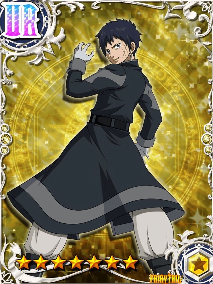 the image features an anime character from fairy tail, standing with a confident pose. he has black hair and blue eyes, dressed in a black outfit with white gloves. he is surrounded by a golden background with stars, indicating his magical prowess.