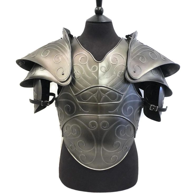 the image shows a suit of medievalstyle armor displayed on a mannequin. the armor is predominantly dark gray steel with an ornate design featuring swirling patterns etched into the surface.  it includes a breastplate, pauldrons (shoulder guards), and smaller arm pieces. the armor has a decorative rather than purely functional aesthetic. the mannequin is darkcolored, allowing the armor to stand out clearly.