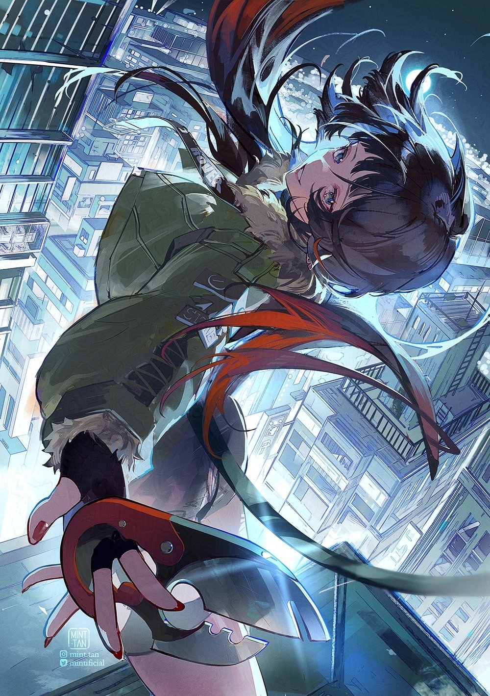 the image is a vibrant and dynamic digital illustration of an animestyle girl with long dark hair. she is depicted midair, seemingly flying or falling, above a sprawling futuristic cityscape at night. the girl is dressed in a green jacket with fur trim and black pants, and is holding a red and grey gadget or weapon.  her pose is actionoriented and full of movement. the background is a detailed depiction of towering buildings, suggesting a cyberpunk or futuristic setting. the overall aesthetic is a blend of anime, manga, and science fiction influences.  the colors are rich and contrasting, with cool blues and purples in the background contrasting the warmer tones of the girl's clothing and the red accents.  the style is highly detailed and expressive, emphasizing movement and energy.