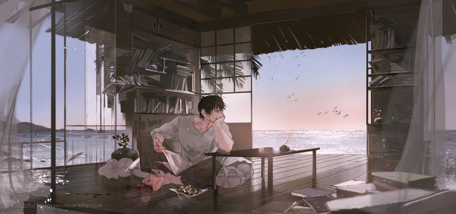 a man sits on the floor of a beach house, engrossed in a book. the sun is setting over the ocean, casting a warm glow over the room. the house is slightly messy, with books and papers scattered around. through the open walls, we can see a peaceful seaside view with birds flying across the horizon.