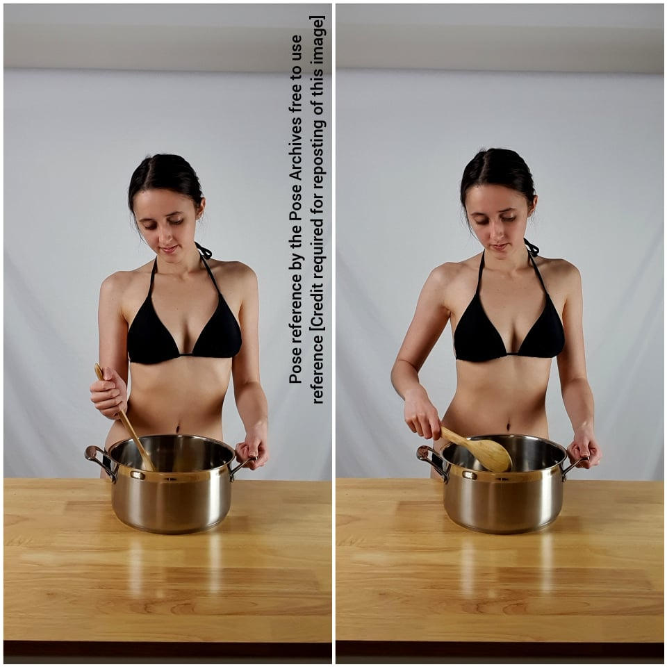 a woman in a black bikini top stands behind a wooden counter stirring a pot with a wooden spoon. the image is a pose reference and requests credit if reposted.```
