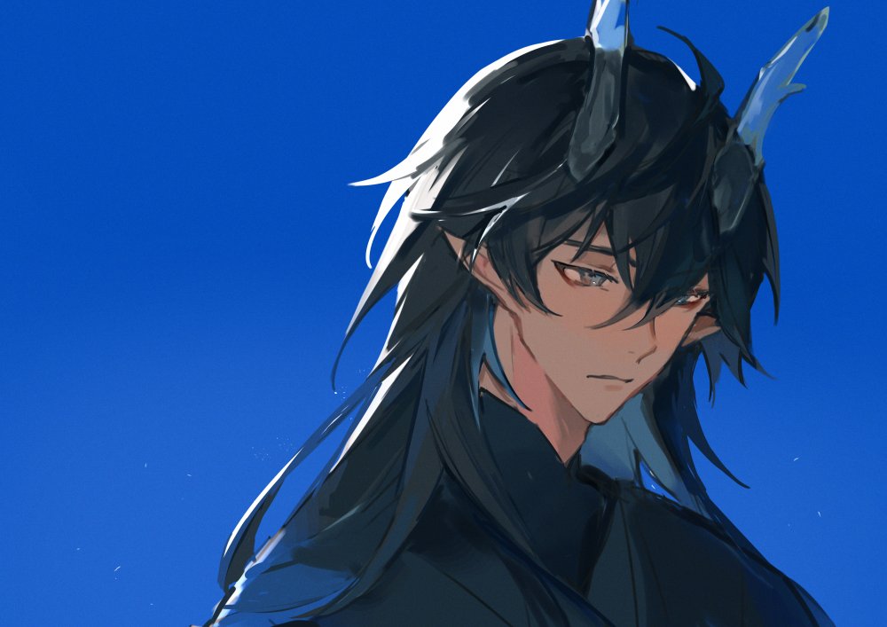 a digital illustration of an anime male character with long black hair and horns. he has blue eyes and is wearing a black shirt. the background is a solid blue color.  the character looks serious and is staring into the distance.