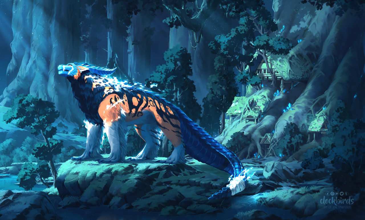 the image showcases a majestic dragonlike creature amidst a magical forest at night. the creature has a lionlike body with a flowing, serpentine tail. it possesses glowing orange and blue markings that illuminate the surrounding trees.  in the background, a village of glowing mushroomshaped homes perches among the trees. a sense of peace and tranquility emanates from the scene, suggesting the creature is a protector of this enchanted realm.