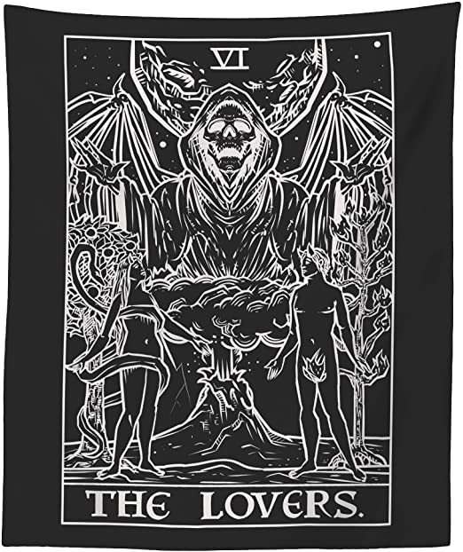 a black and white tapestry with the grim reaper standing behind two nude figures. the grim reaper is holding its arms out to the side and above a volcano. the two figures are looking up at the grim reaper, with a man on the right and a woman on the left. the tapestry has a border around it with the words “the lovers.” at the bottom.