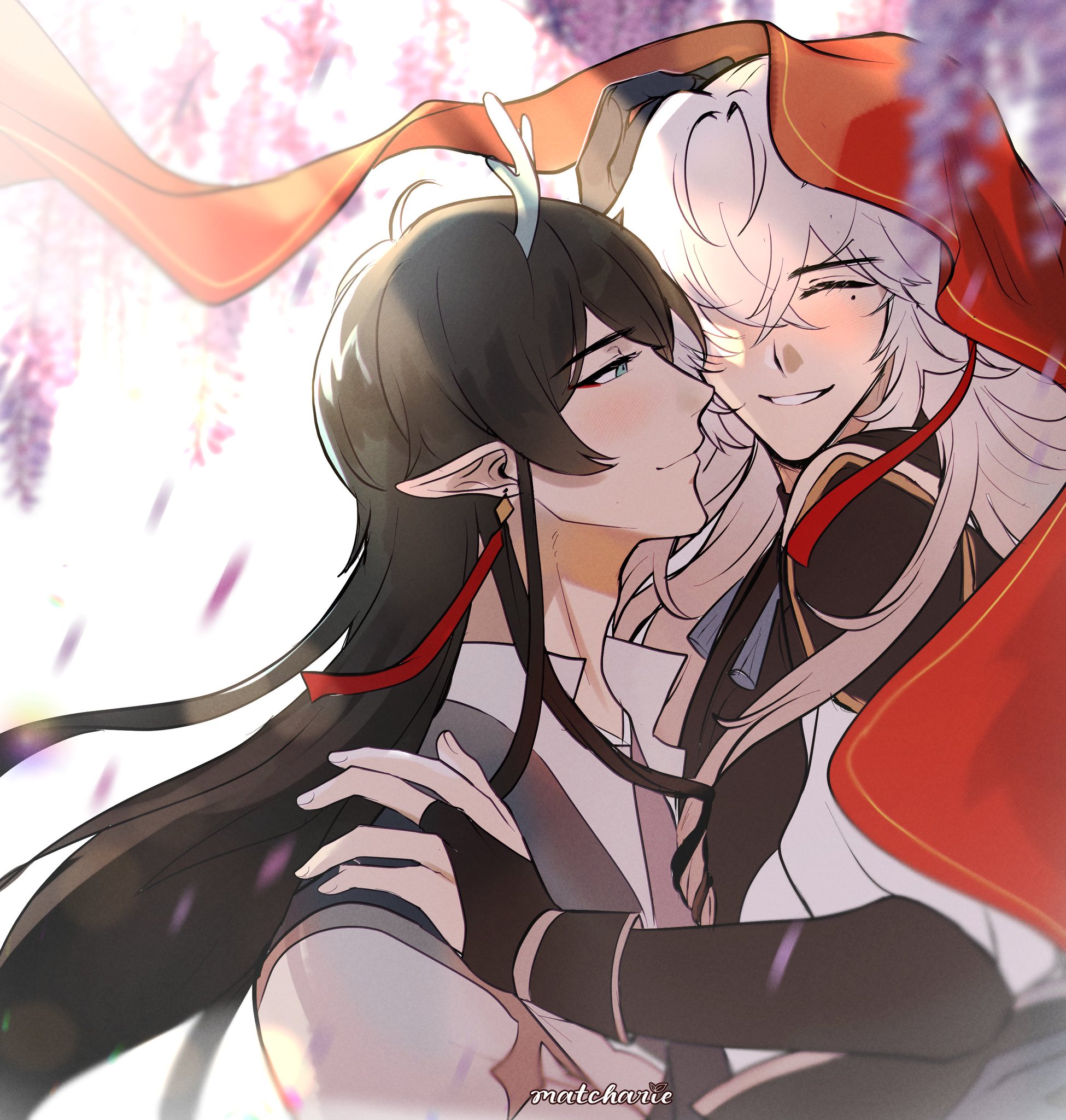 the image shows a closeup of two anime boys hugging and looking lovingly at each other. the boy in the front is wearing a white shirt and a red scarf. the boy in the back is wearing a white shirt and a red jacket, and he is smiling. the image is set against a background of flower petals and a soft, dreamy light.