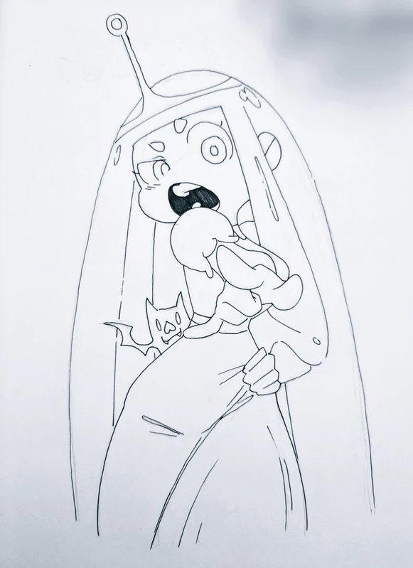 this is a line art drawing of an anime girl. she is wearing an astronaut suit and holding a small creature with a big smile. she has a bat on her shoulder. the background is white.