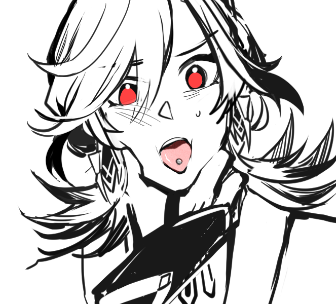 this is a black and white drawing of an anime girl with white hair and red eyes. she has her tongue out and is wearing a piercing. she is facing the viewer and has a very stylized look to her.
