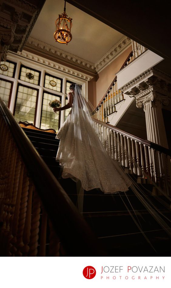 a bride in a white wedding dress with a long veil ascends a grand staircase in a luxurious mansion. the low angle shot emphasizes the grandeur of the setting and the elegance of the bride. the artificial lighting creates a dramatic atmosphere, highlighting the details of the dress and the architecture.